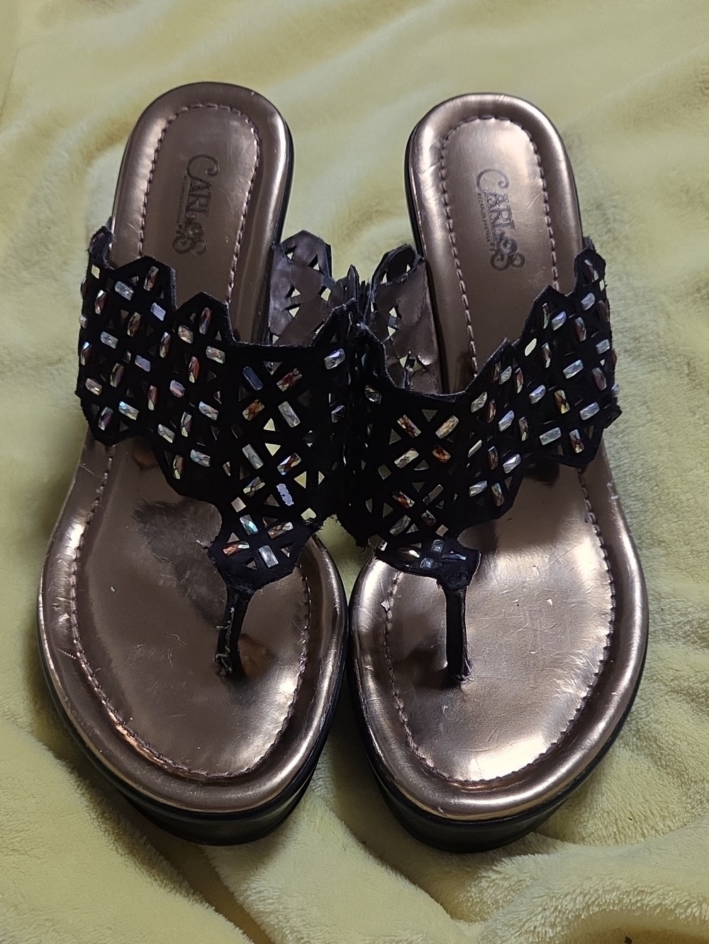 Carlos Santana Black Rhinestone Cutout Thong Sandal